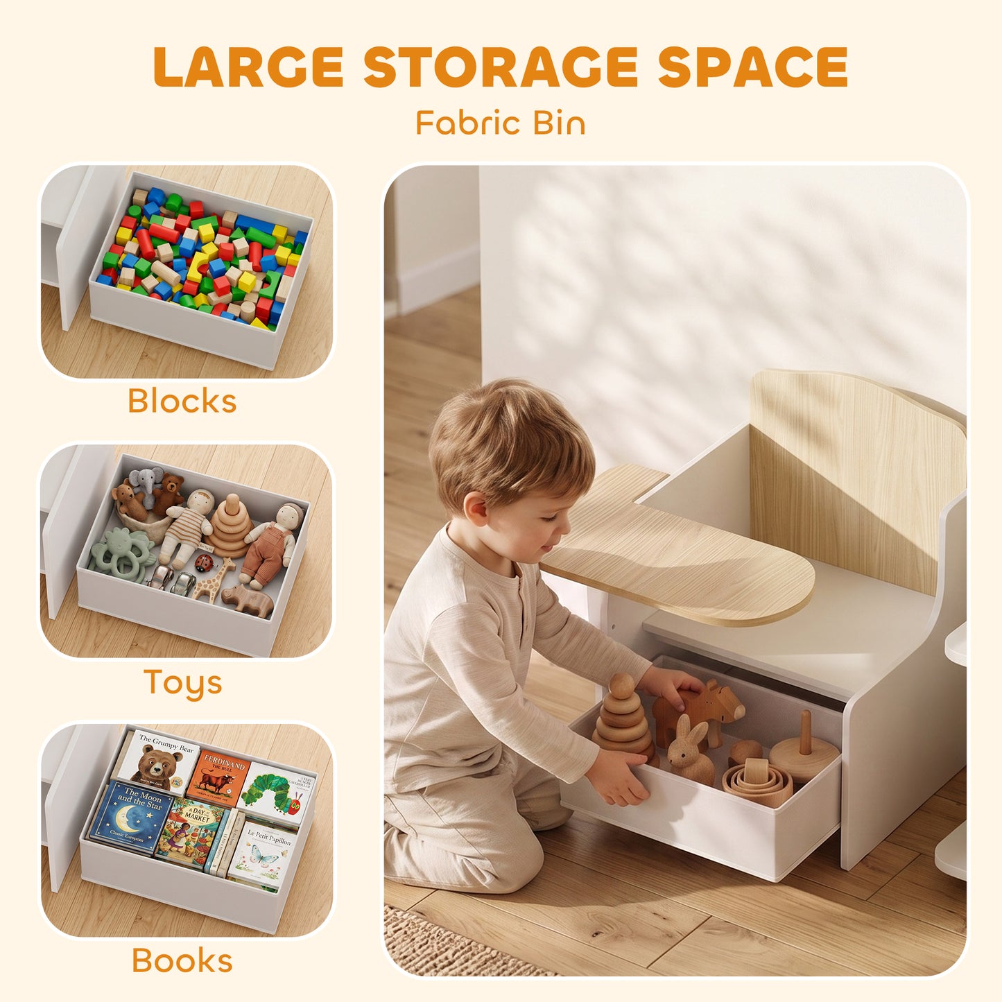 Kids Table and Chair Set, Children Desk and Chair with Storage Bins for Playing, Reading, Painting, for Ages 3-5, White