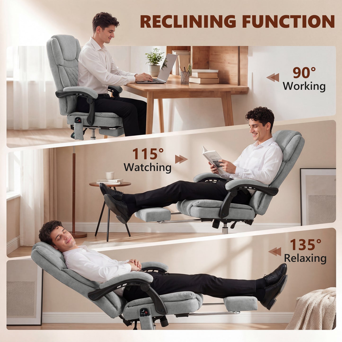 Office Chair with 6-Point Vibration Massage and Heat, Executive Computer Desk Chair with High Back, Reclining, Grey