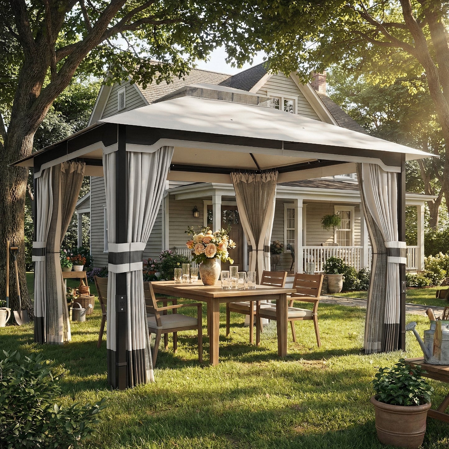 3 x 3.6 m Outdoor Garden Gazebo with Netting and Curtains, Double Roof Patio Gazebo Permanent Pavilion, Light Grey