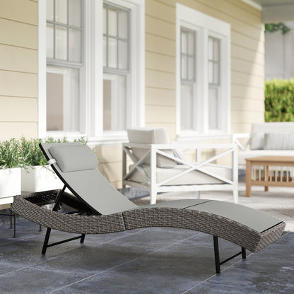 Rattan Sun Lounger, Garden Recliner with 5 Position Adjustable Back, S Shaped Texteline Seat, Headrest, Light Grey