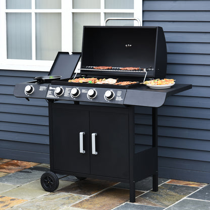 4+1 Burner Gas BBQ Grill, Outdoor Barbecue Trolley with Wheels, Warming Rack, Side Shelves, Cabinet, Thermometer for Garden