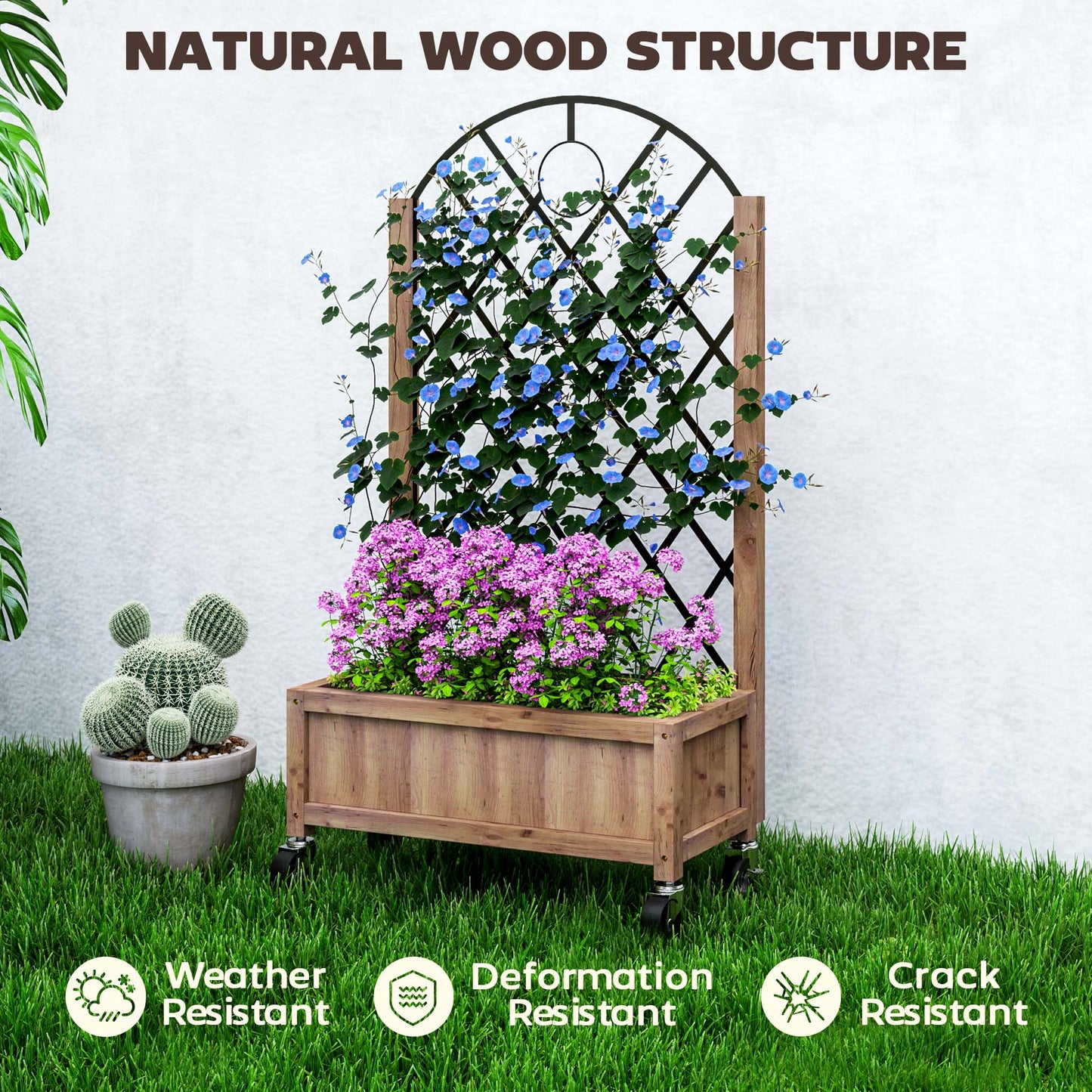 Wooden Planter, with Metal Trellis - Brown/Black