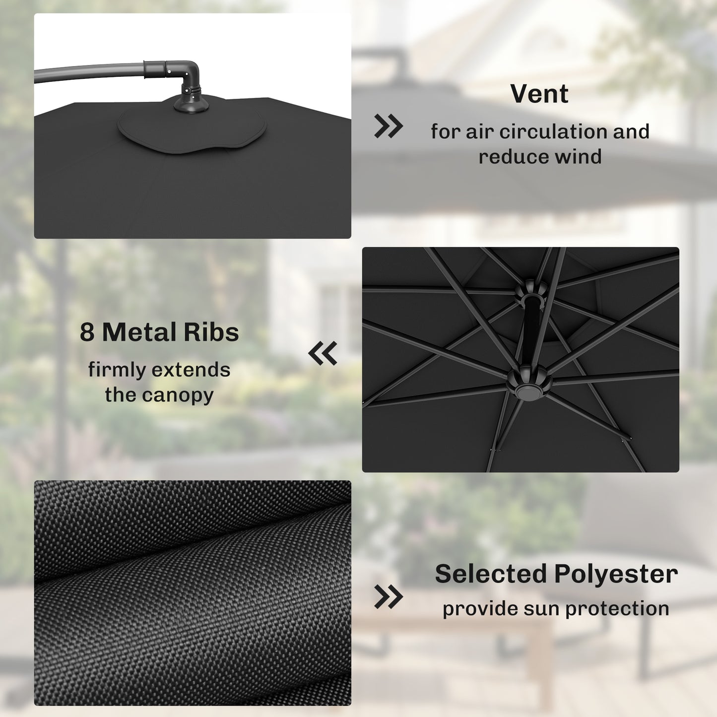 3m Overhanging Parasol, with Base, Weights and Cover - Black