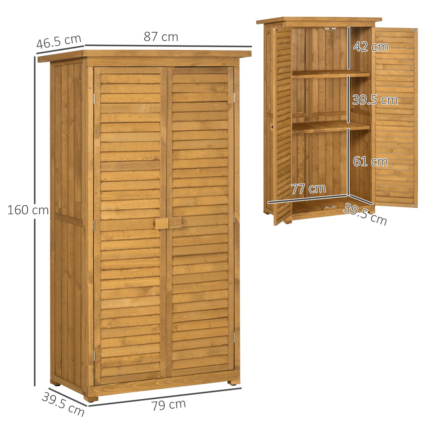 Wooden Garden Storage Shed with Shelves, Outdoor Tool Cabinet with Asphalt Roof for Patio Organisation, 87cm x 47cm x 160cm