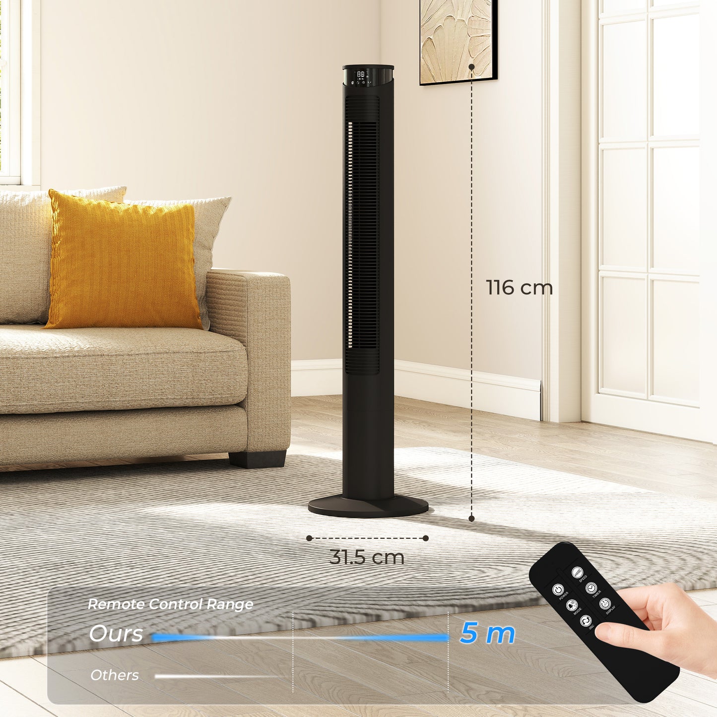 Tower Fan with WiFi Control Standing Floor Fan with Remote Control 116 cm Black