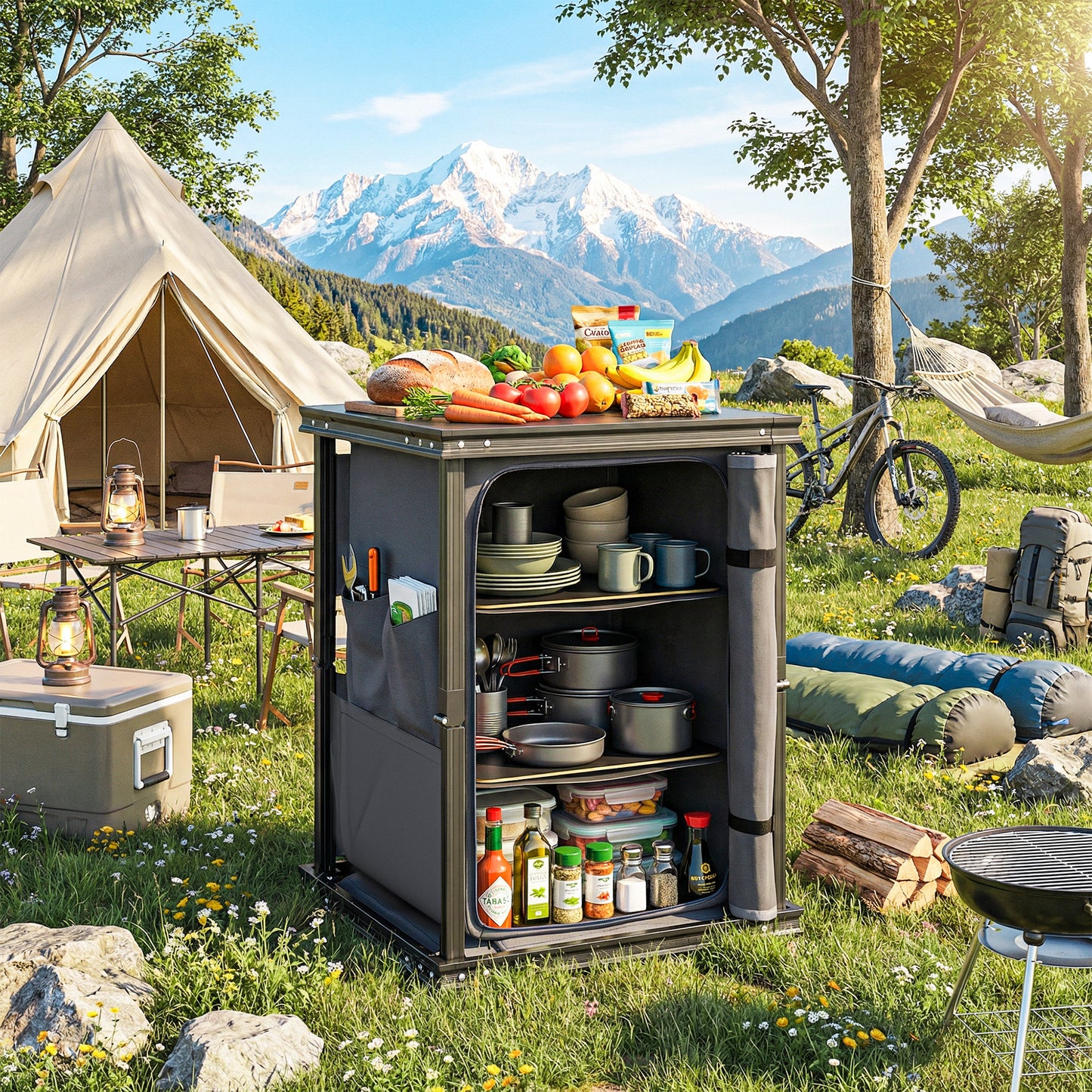 Camping Camping Cupboards, Folding Portable Kitchen Table with 3-Tier Storage, Black