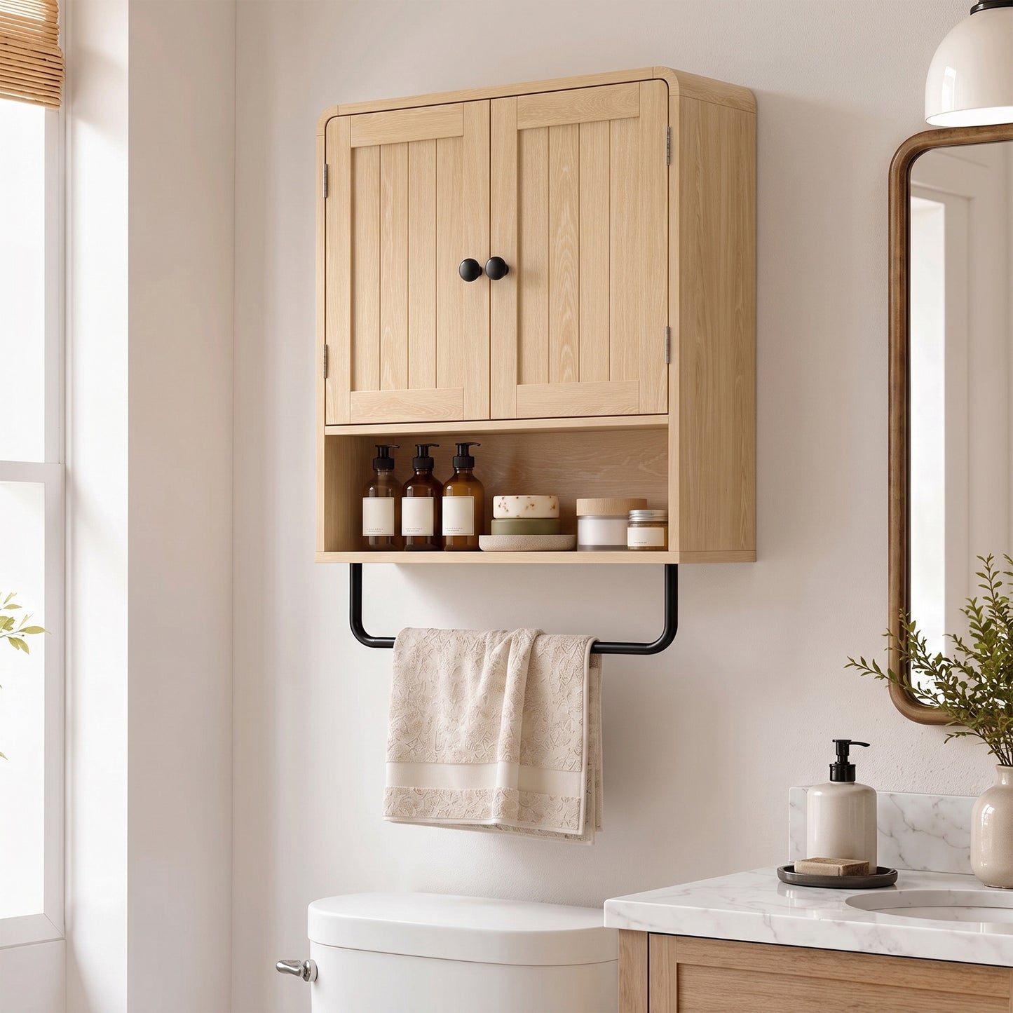 Bathroom Cabinet Wall Mounted, Bathroom Wall Cabinet with 2 Doors, Adjustable Shelf Storage for Toilet, Oak
