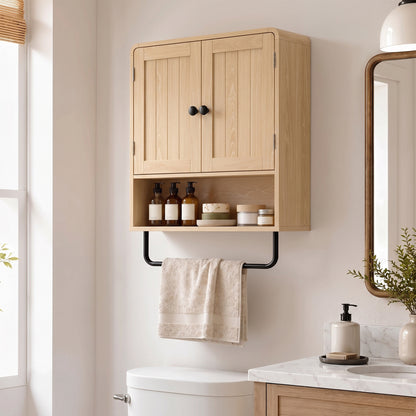 Bathroom Cabinet Wall Mounted, Bathroom Wall Cabinet with 2 Doors, Adjustable Shelf Storage for Toilet, Oak