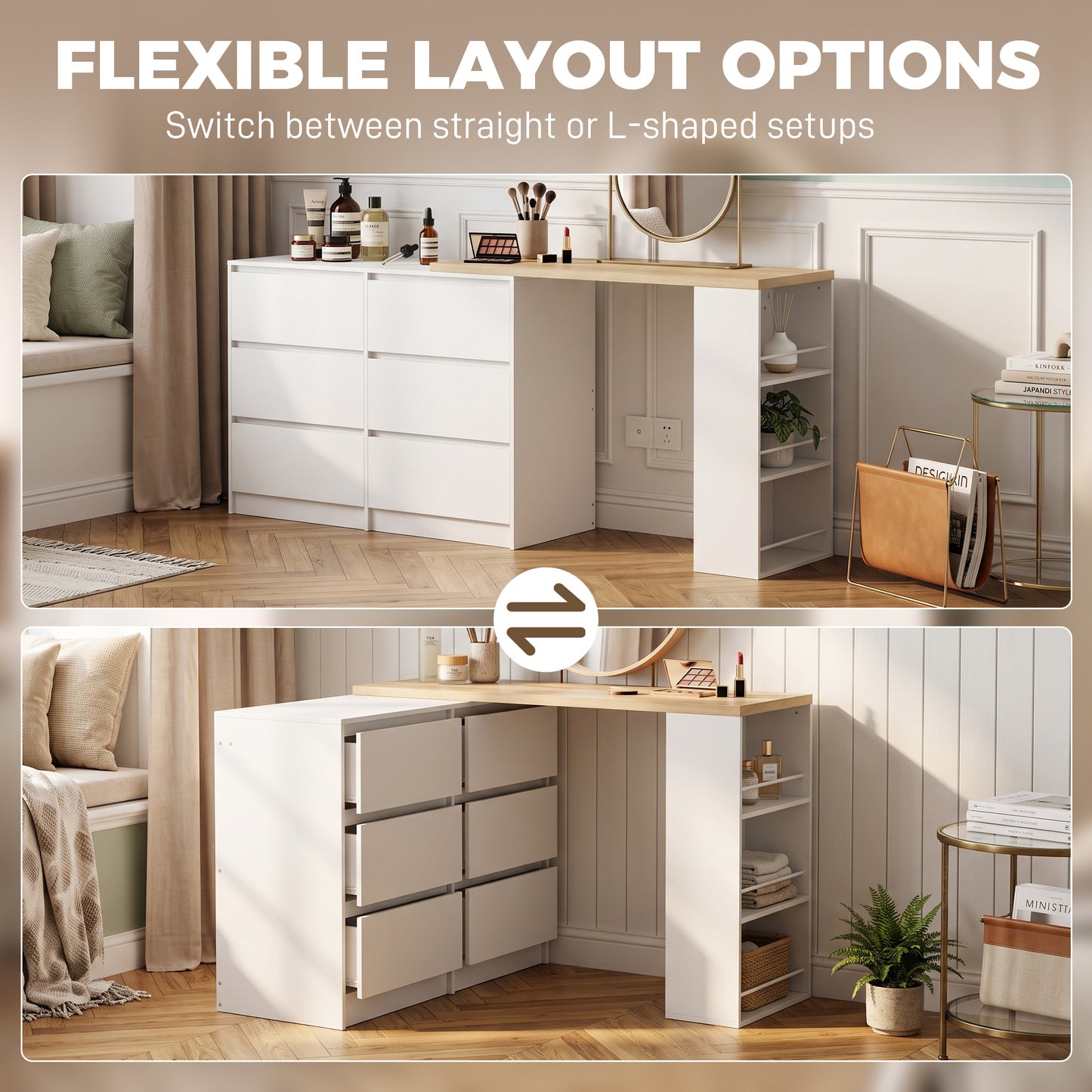 Vanity Table, Dressing Table with 6 Drawers and 3-Tier Shelf for Women and Girls, White