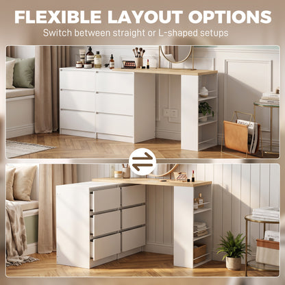 Vanity Table, Dressing Table with 6 Drawers and 3-Tier Shelf for Women and Girls, White