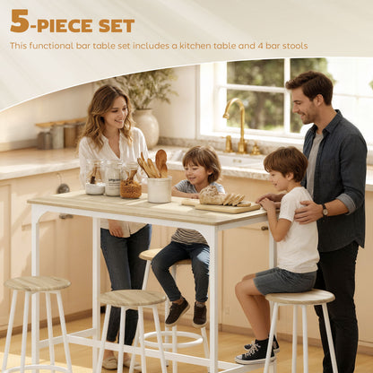 5 Piece Bar Table Set for 4 with Stools, Metal Frame, Footrest for Kitchen Natural Wood