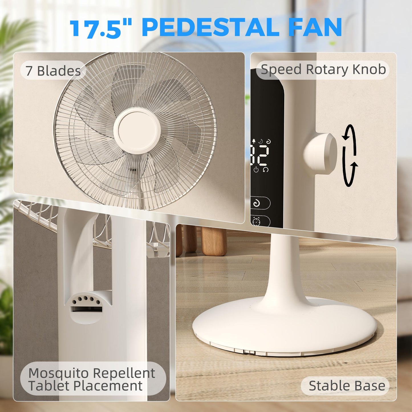 Three Mode Pedestal Fan, with Insect Repellant Box and LED Panel - White