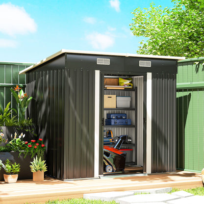 7 x 4ft Outdoor Storage Shed with Foundation Kit, Lean to Metal Garden Shed for Log, Rubbish Bin, Tool, Bike, Black