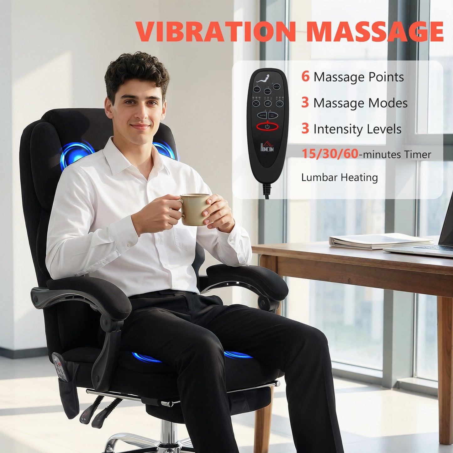 Office Chair with 6-point Vibration Massage and Heat, Fabric Desk Chair with Footrest, High Back, Black