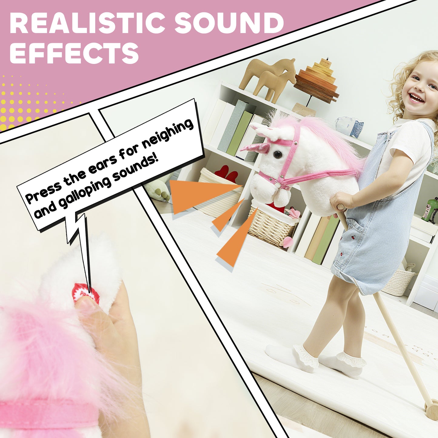 Unicorn Stick Horse with Wood Wheels, Real Pony Neighing and Galloping Sounds, Grip Handle, 95 cm, White