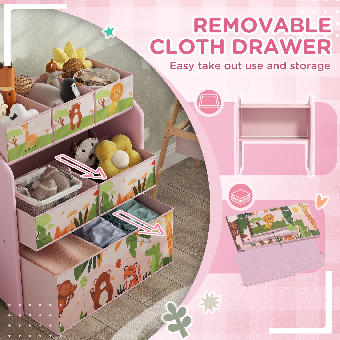 3-Tier Kids Toy Storage Unit with 6 Removable Storage Boxes, for Playroom, Bedroom, Children's Room, Nursery, Pink