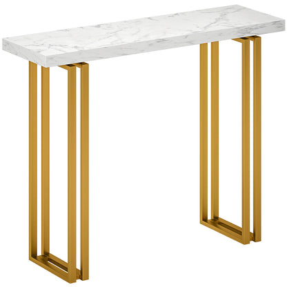 100 cm Console Table with Faux Marble Top, Narrow Entryway Table with Anti-tipping Device, White