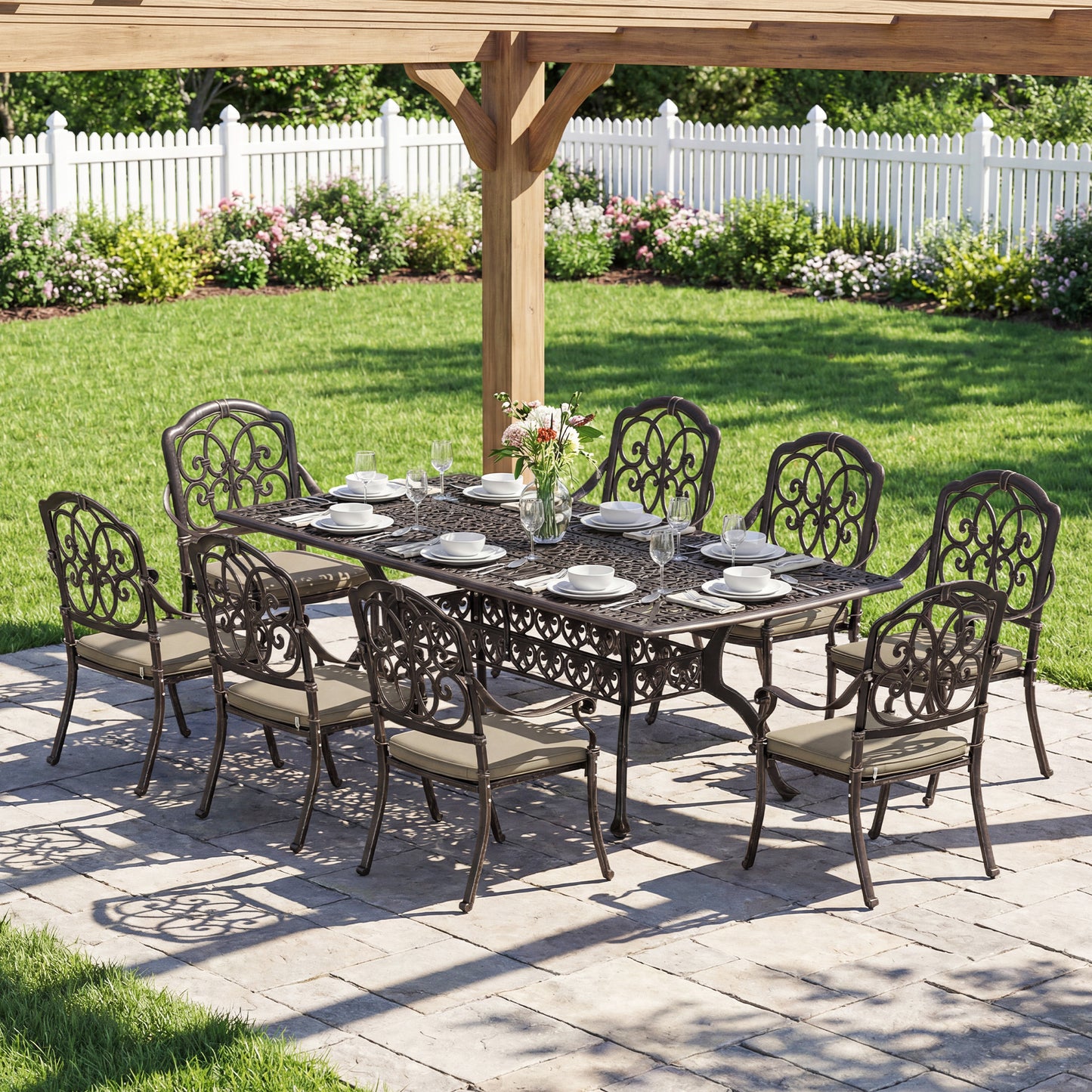 9 Piece Cast Aluminium Garden Dining Set, Garden Table and Chairs Set with Cushions, Parasol Hole for Patio, Bronze Tone