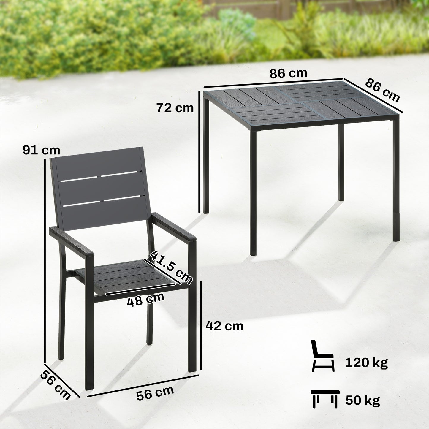 5 Pieces Garden Dining Set, Garden Table and Chairs Set for 4 with Square HDPE Table and Chairs with Armrests, Black