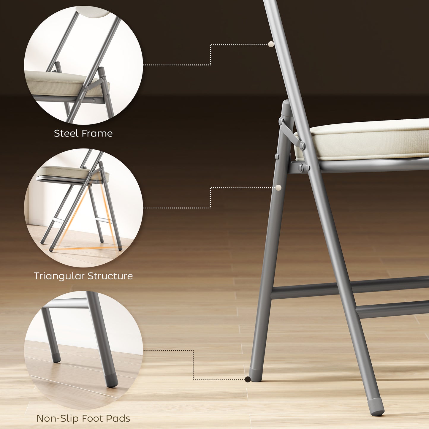 Set of Four Folding Corduroy Seat Chairs, Cream