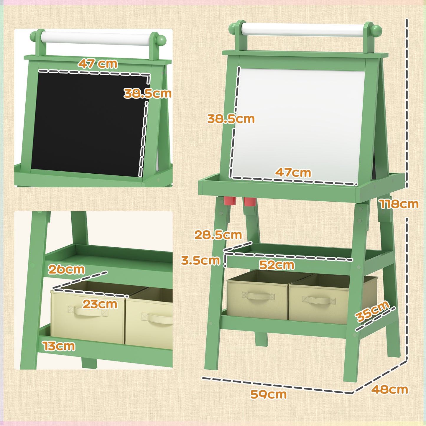 3 in 1 Kids Easel Double-Sided Magnetic Whiteboard and Chalkboard with Paper Roll, Storage Baskets - Green
