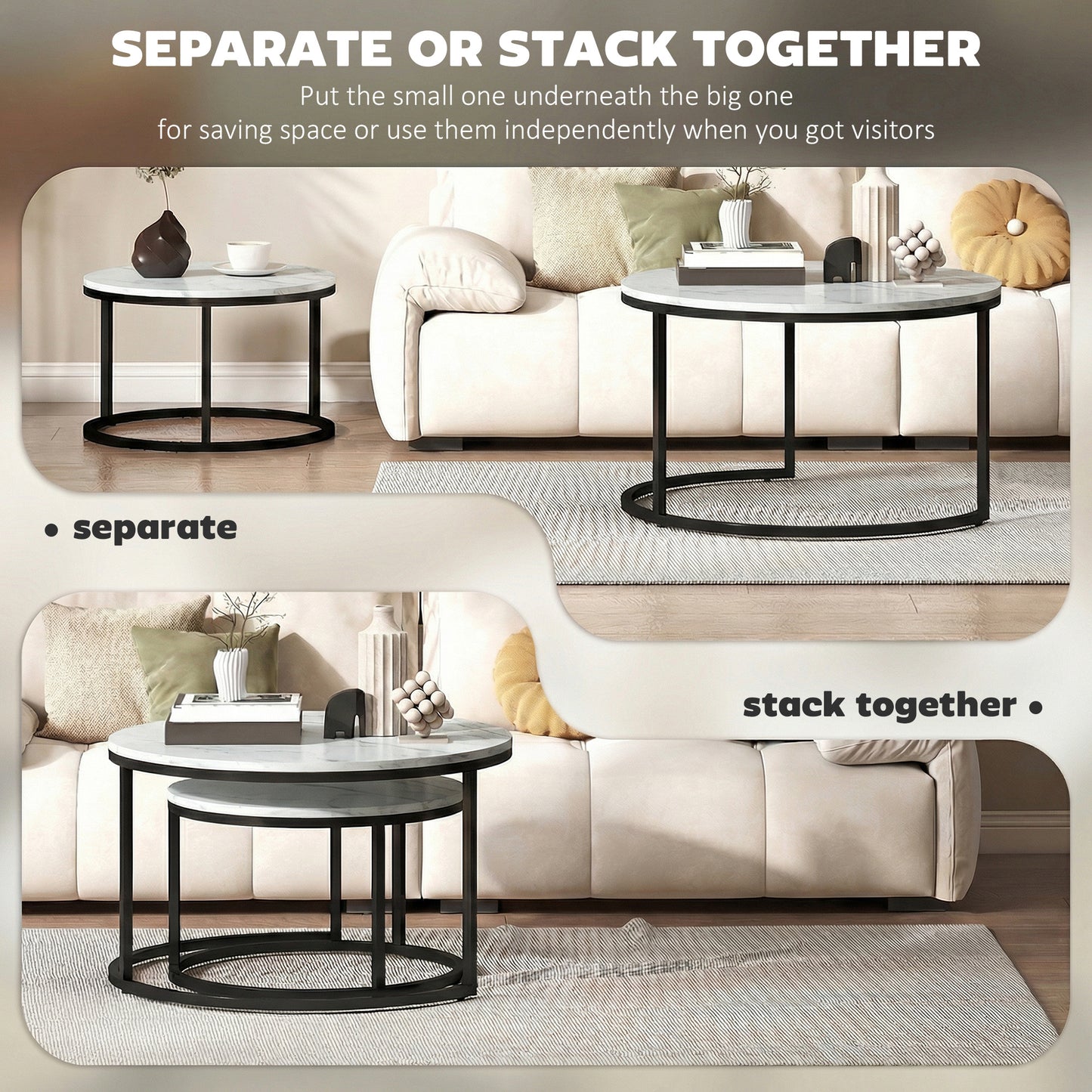 Set of Two Marble-Effect Stacking Tables - White