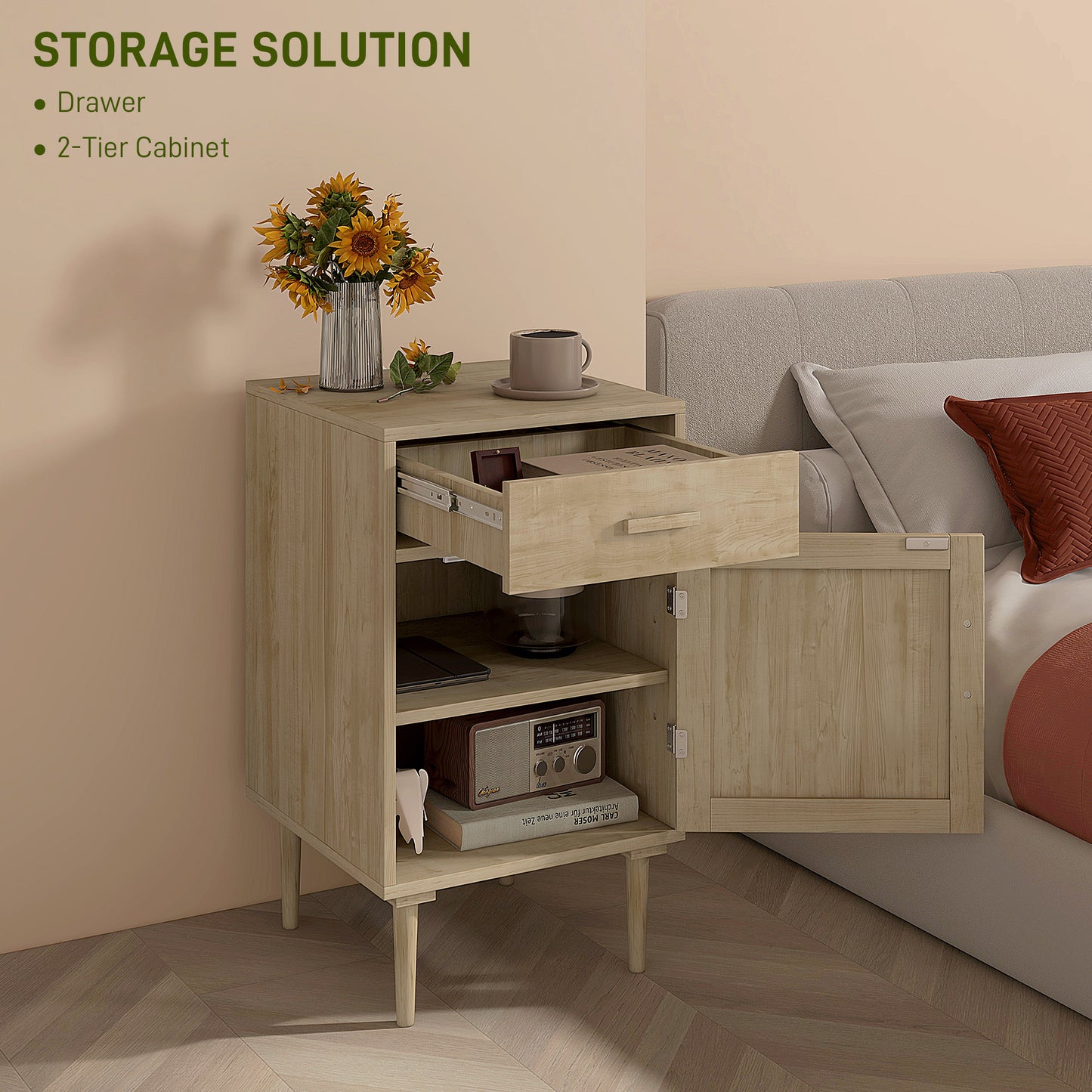 Bedside Table, Rattan Side Tables with Drawer, Cabinet and Adjustable Shelf, Boho Bedside Cabinet with Storage for Bedroom