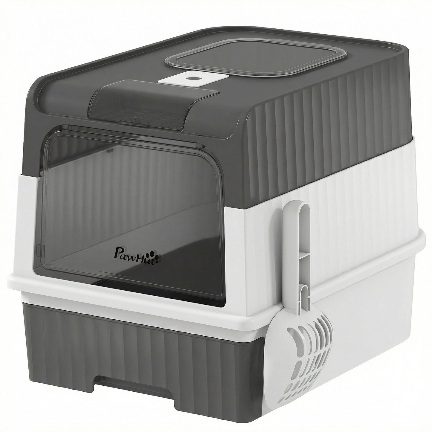 Enclosed Cat Litter Box with Lid, Pull-Out Drawer Tray, Scoop, 4 Deodorisation Bags, Front Entry & Top Exit, Grey