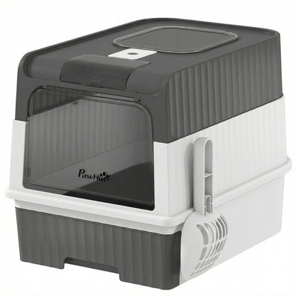 Enclosed Cat Litter Box with Lid, Pull-Out Drawer Tray, Scoop, 4 Deodorisation Bags, Front Entry & Top Exit, Grey
