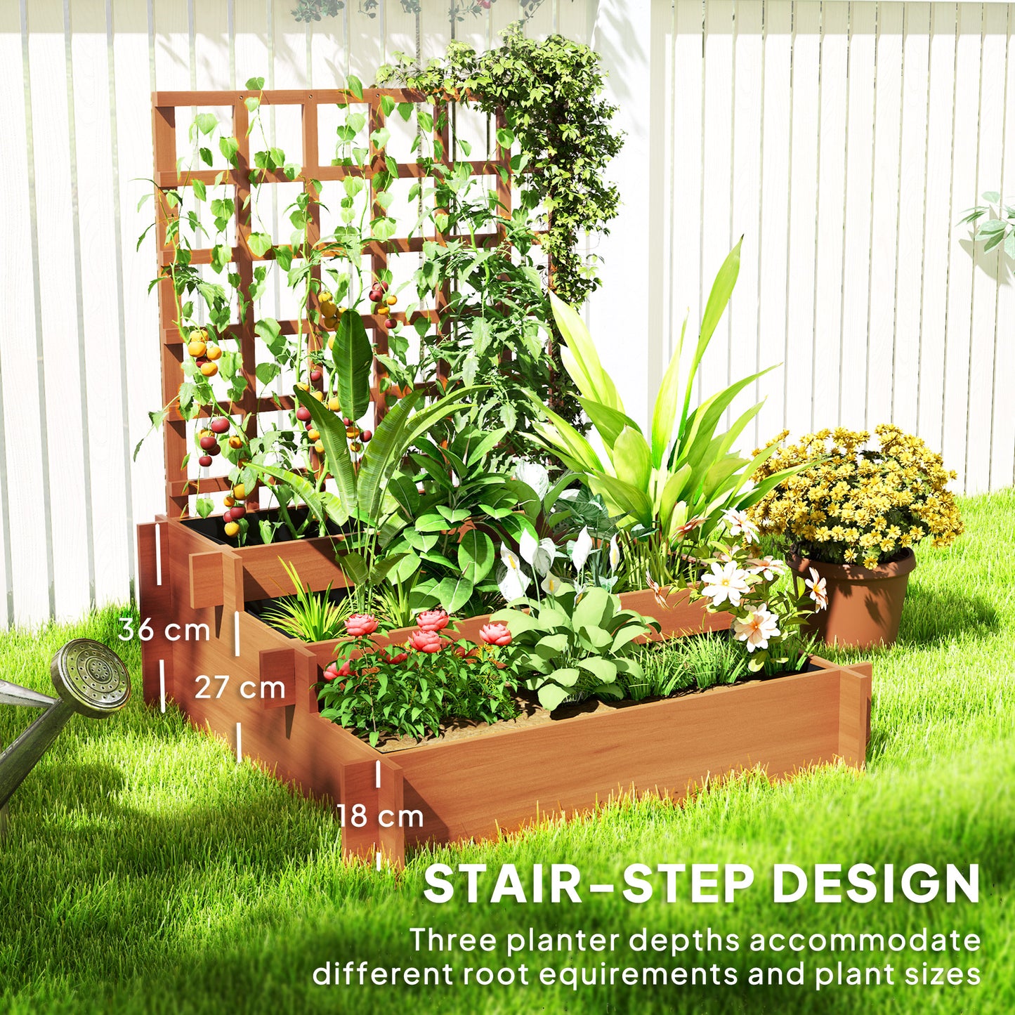 3 Tier Garden Planters with Trellis for Vine Climbing, Wooden Raised Beds, 95x95x110cm, Brown
