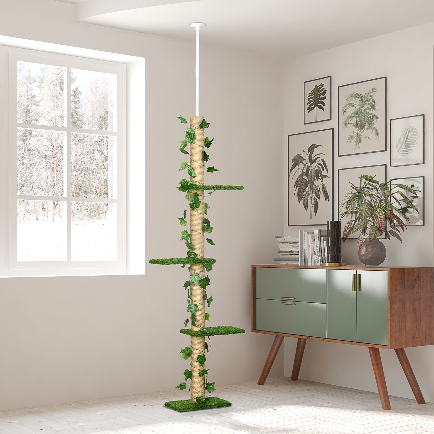 242cm Adjustable Floor-To-Ceiling Cat Tree, with Artificial Decoration, Perches, Anti-Slip Kit - Green