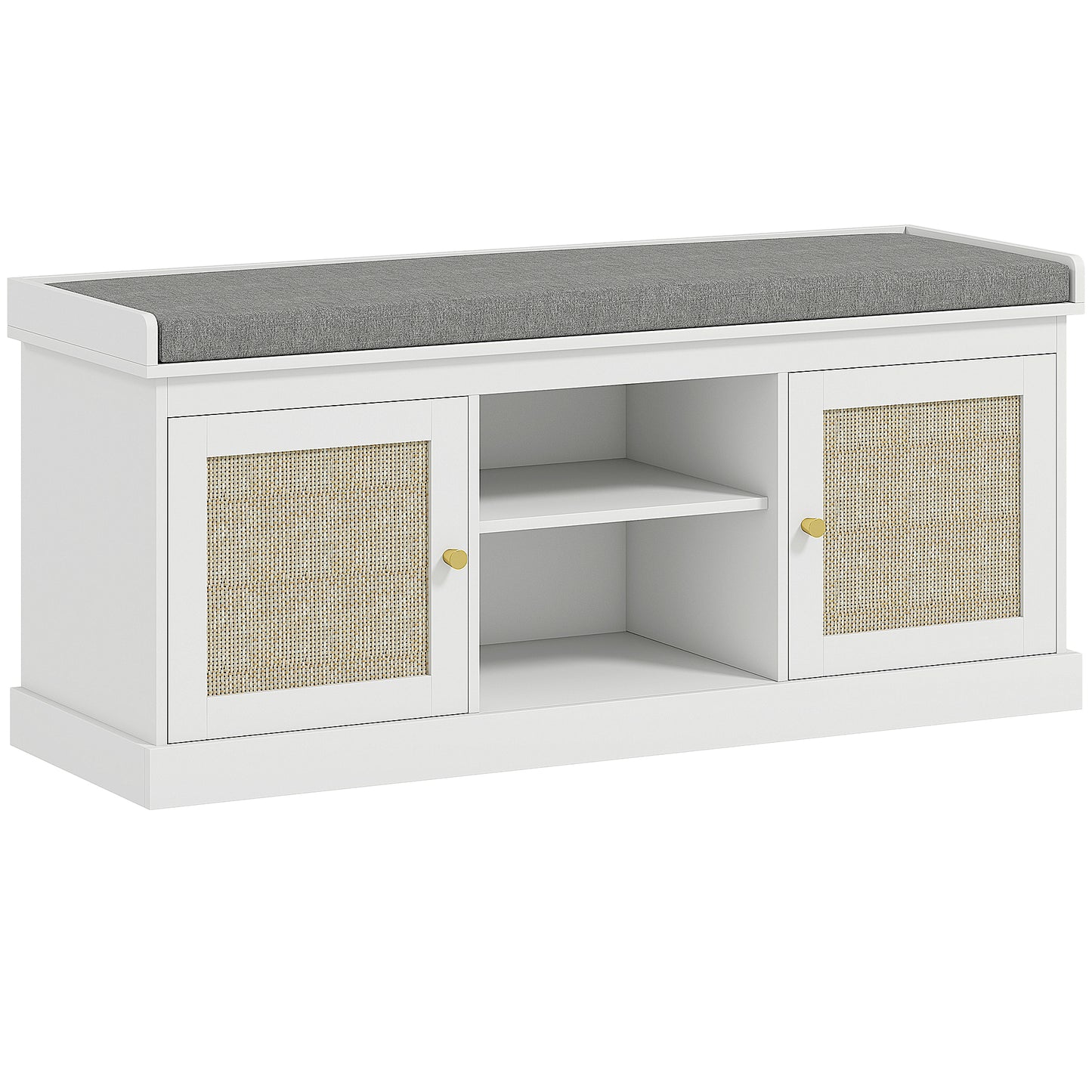 Boho Shoe Storage Bench with Padded Cushion and Rattan Doors - White
