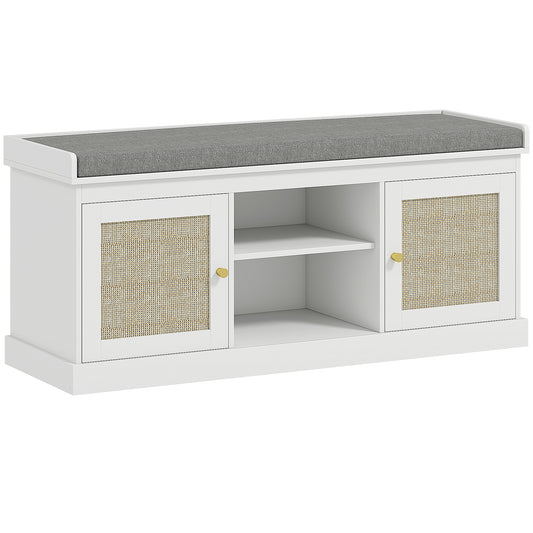 Boho Shoe Storage Bench with Padded Cushion and Rattan Doors - White
