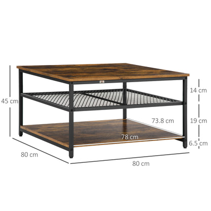 Coffee Table, Living Room Table with 3-Tier Storage Shelves, Square Tea Table for Home Office, Rustic Brown