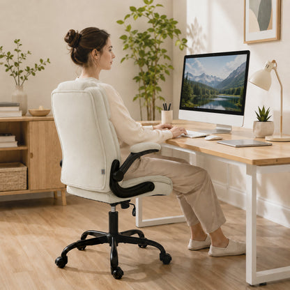 Office Chair, Ergonomic Desk Chair with Flip-up Armrest, Pocket Springs, Swivel Wheels, Adjustable Height, Beige