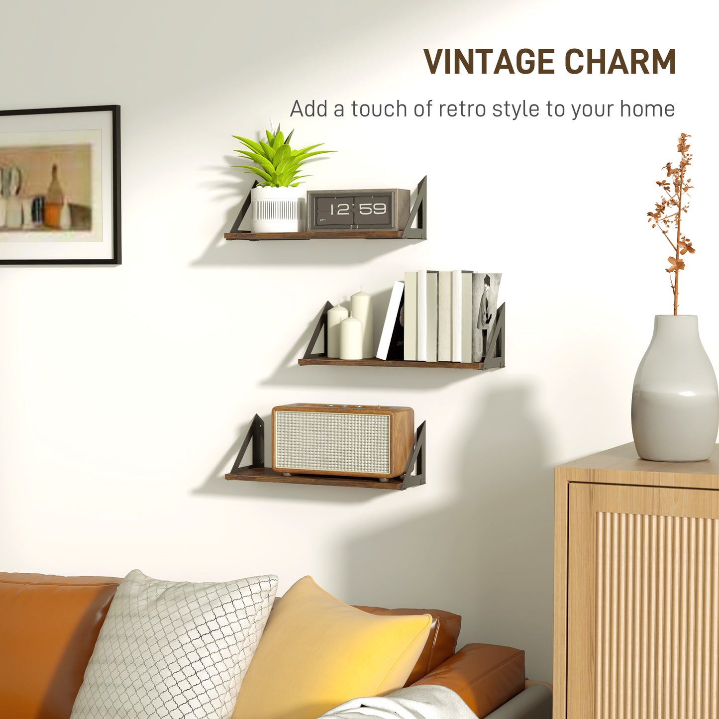 Set of 3 Wall Shelves, 43cm Vintage Wall Mounted Floating Shelves for Living Room, Entryway, Bedroom, Rustic Brown