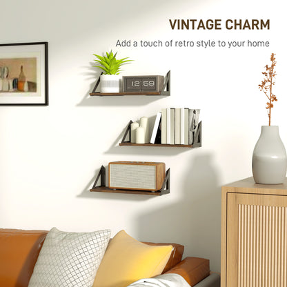 Set of 3 Wall Shelves, 43cm Vintage Wall Mounted Floating Shelves for Living Room, Entryway, Bedroom, Rustic Brown