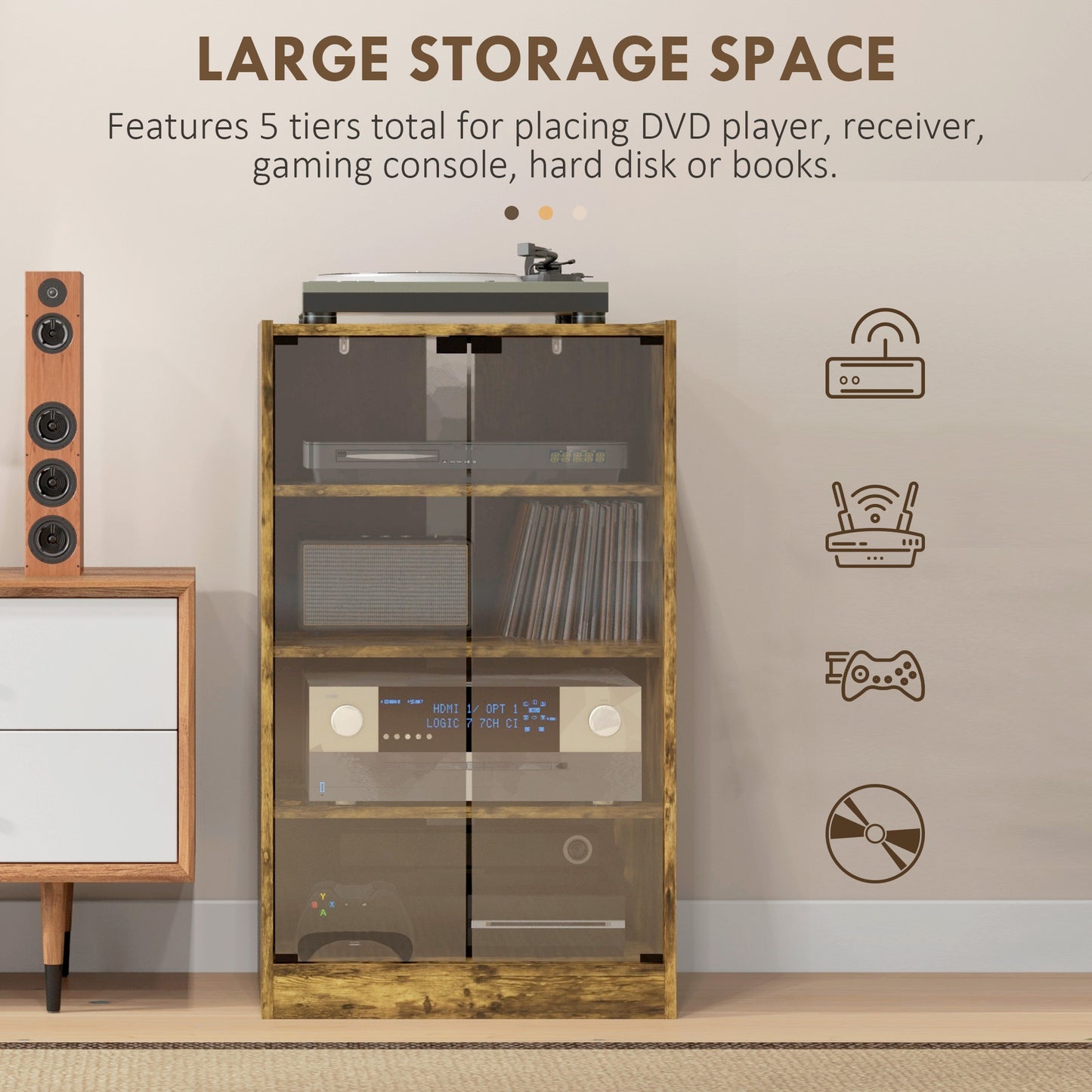 4-Tier Hi-Fi Stand, Record Player Stand with Adjustable Shelves and Push-to-Open Glass Doors, Rustic Brown