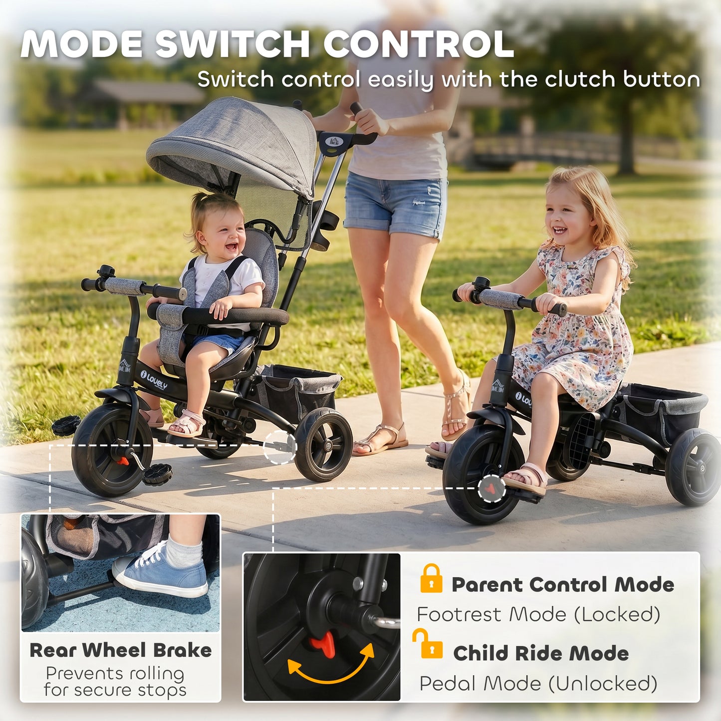 6 in 1 Kids Trike Push Bike w/ Push Handle, Canopy, 5-point Seat Belt, Storage, Footrest, Brake, for 1-5 Years, Grey