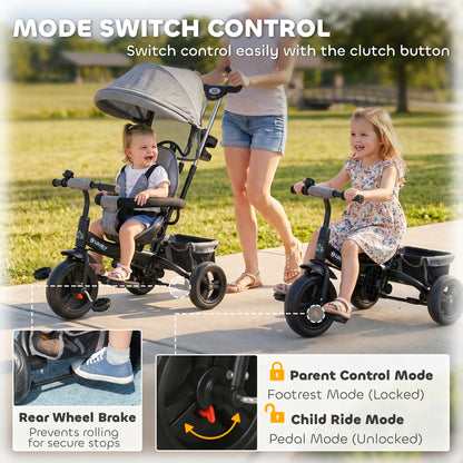 6 in 1 Kids Trike Push Bike w/ Push Handle, Canopy, 5-point Seat Belt, Storage, Footrest, Brake, for 1-5 Years, Grey