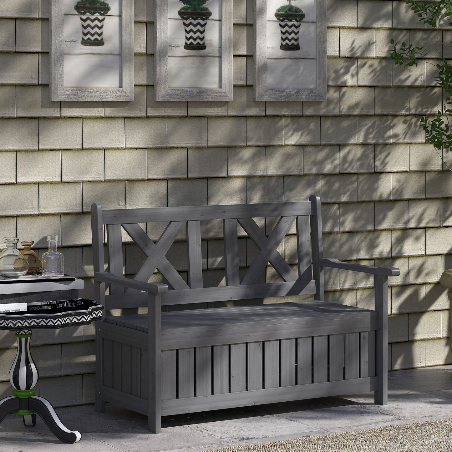 2-Seater Garden Storage Bench for Patio Wood Porch Decor Outdoor Seating, Charcoal Grey