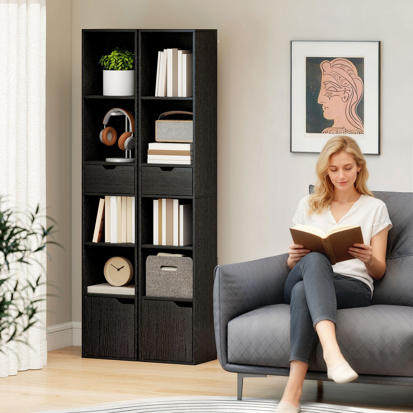 6-Tier Bookcase, Tall Narrow Bookshelf with Drawer and Door - Black