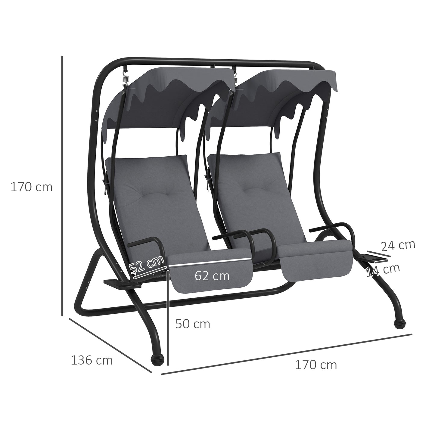 Two-Seat Garden Swing Chair, with Protective Canopy - Grey