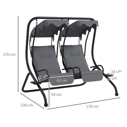 Two-Seat Garden Swing Chair, with Protective Canopy - Grey