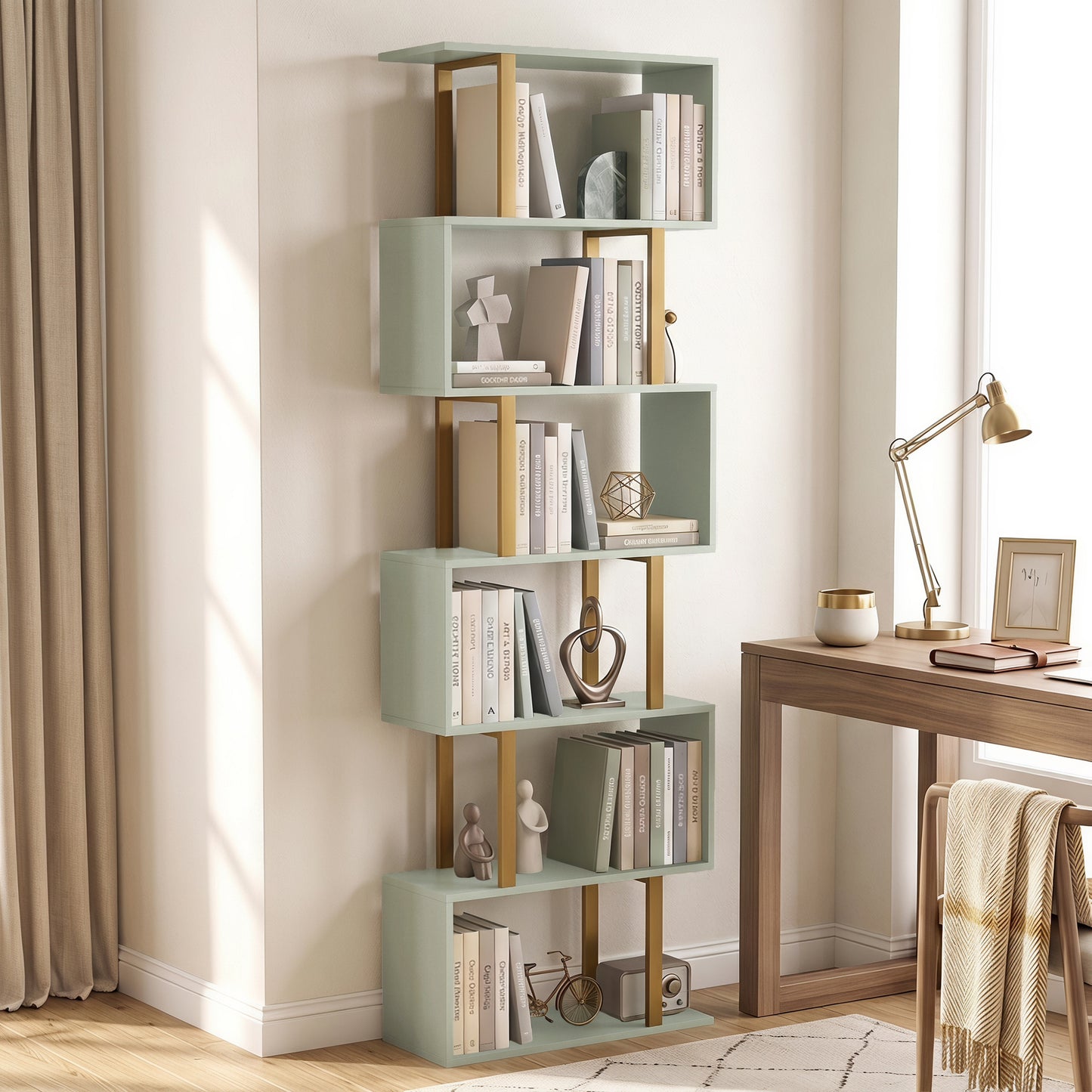 S-Shaped Bookshelf, 6-Tier Bookcase, Freestanding Storage Shelves with Anti-Tip Strap for Living Room, Light Green
