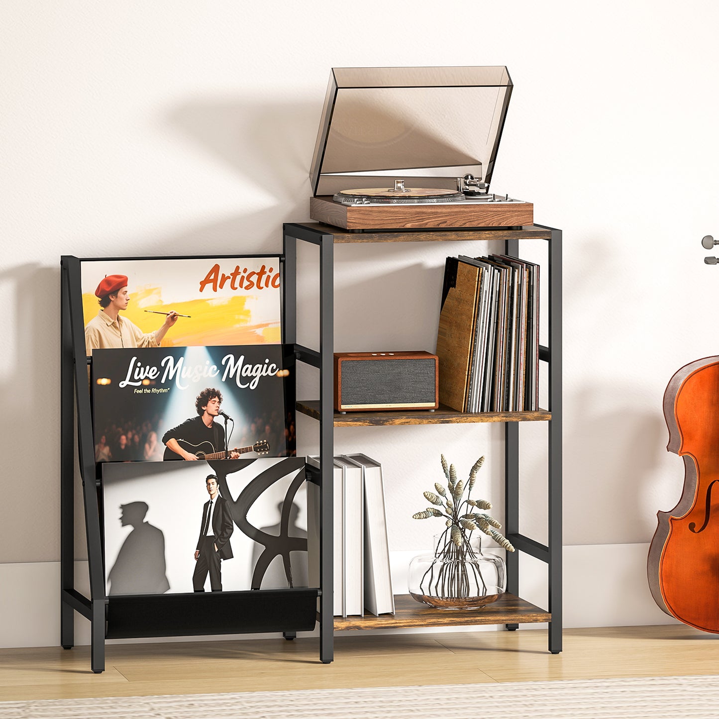 3-Tier Record Player Stand, End Table for Living Room, Bedroom - Rustic Brown