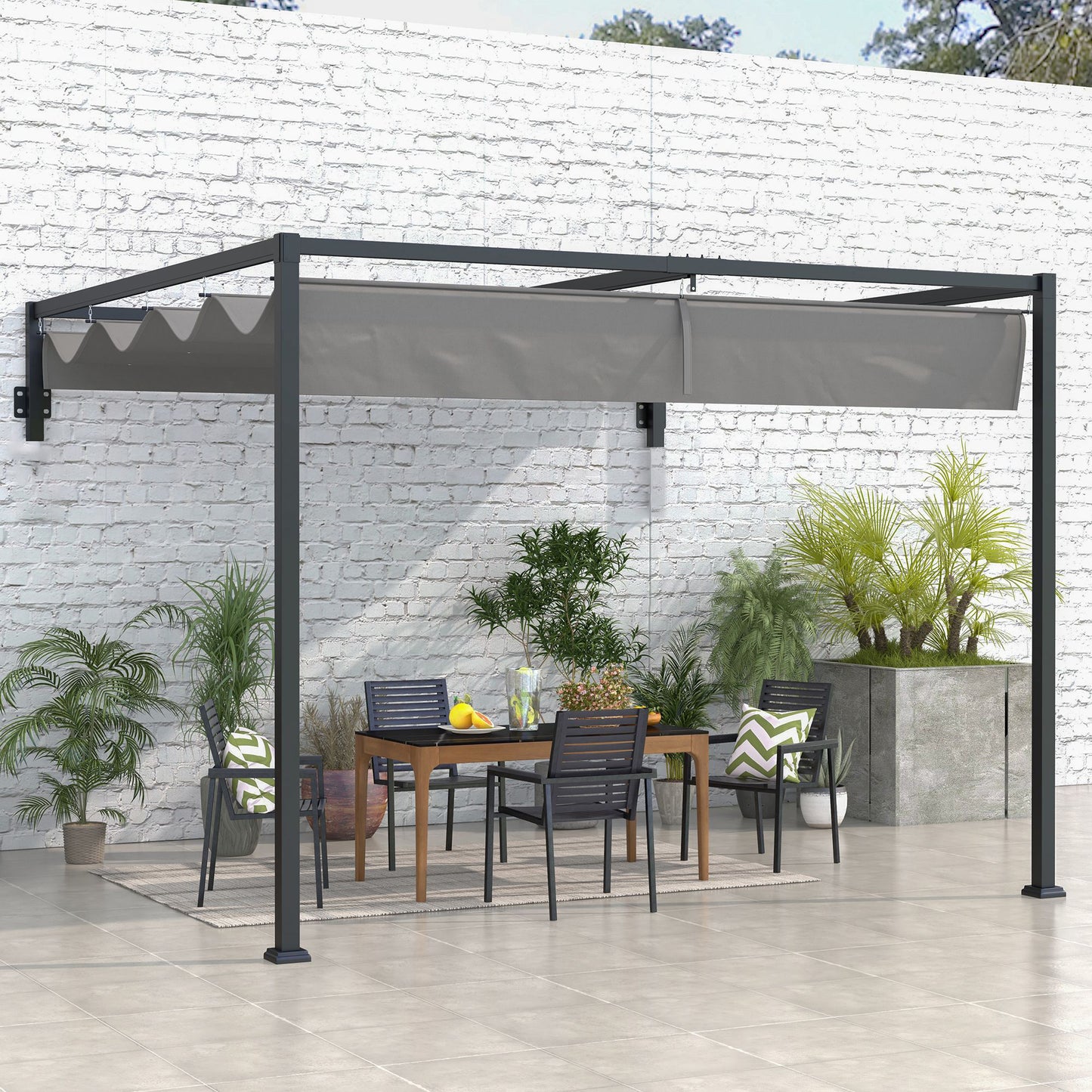 3 x 4m Lean To Steel Pergola with Moving Fabric Canopy - Dark Grey