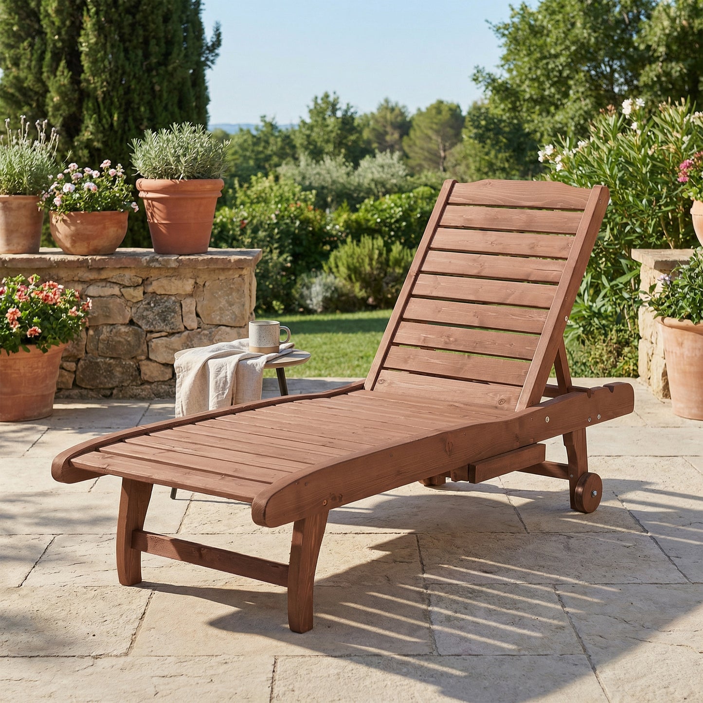 Outdoor Wooden Lounger Chair, Sun Bed with Built-In Table, Adjustable Backrest and Wheels, Red Brown