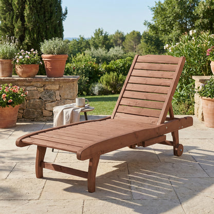 Outdoor Wooden Lounger Chair, Sun Bed with Built-In Table, Adjustable Backrest and Wheels, Red Brown