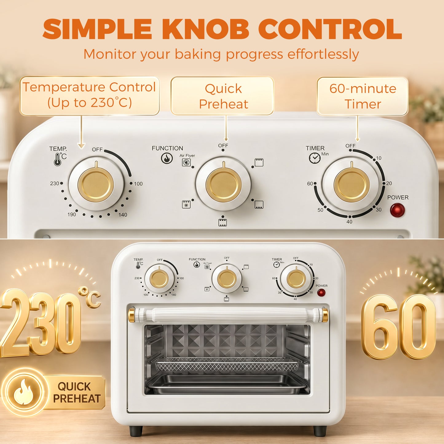 Air Fryer Toaster Oven, Convection Countertop Oven, with Adjustable Temperature and Timer, 12 L, Cream White
